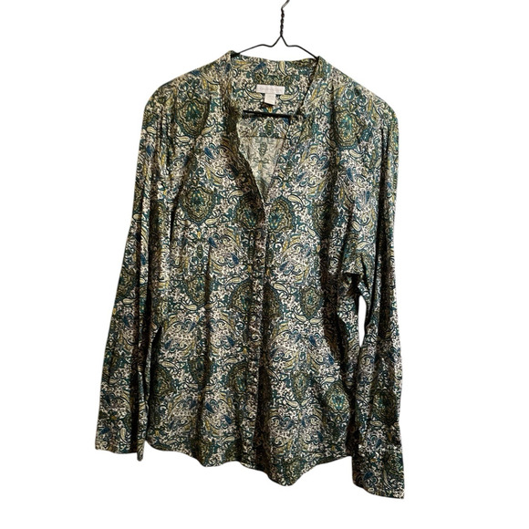 Woman's Blouse Size 16 Charter Club Green Tones Paisley V-Neck Mandarin Collar - Picture 8 of 13